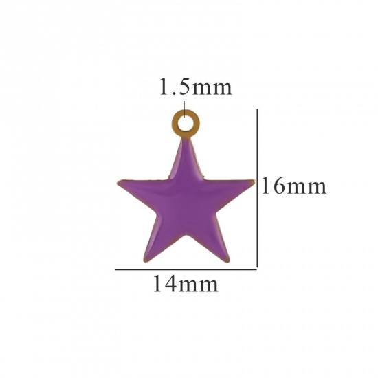 Picture of 2 PCs Vacuum Plating 304 Stainless Steel Charms Gold Plated Purple Pentagram Star Enamel 14mm x 16mm