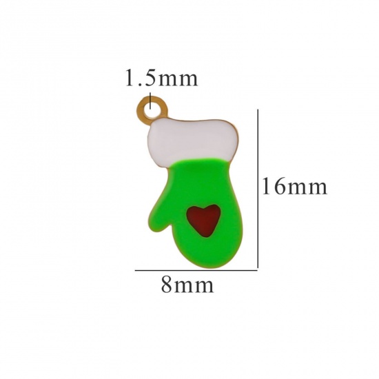 Picture of 2 PCs Vacuum Plating 304 Stainless Steel Charms Gold Plated White & Green Christmas Gloves Enamel 8mm x 16mm