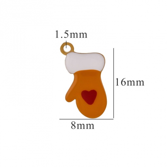 Picture of 2 PCs Vacuum Plating 304 Stainless Steel Charms Gold Plated White & Orange Christmas Gloves Enamel 8mm x 16mm