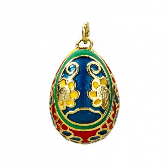 Picture of 1 Piece Brass Easter Day Charms 18K Gold Plated Multicolor Egg Flower Enamel 27mm x 15.5mm