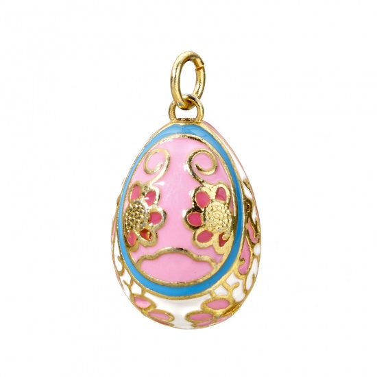 Picture of 1 Piece Brass Easter Day Charms 18K Gold Plated Pink Egg Flower Enamel 28mm x 15.5mm