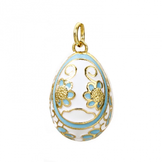 Picture of 1 Piece Brass Easter Day Charms 18K Gold Plated White Egg Flower Enamel 28mm x 15.5mm