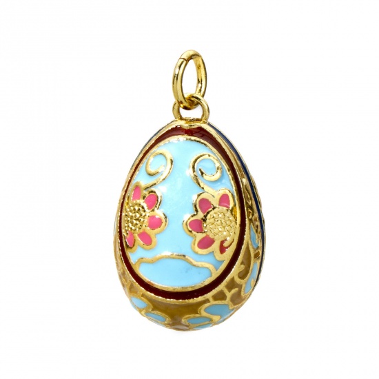 Picture of 1 Piece Brass Easter Day Charms 18K Gold Plated Blue Egg Flower Enamel 28mm x 15.5mm