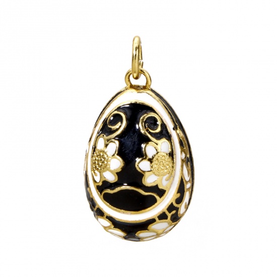 Picture of 1 Piece Brass Easter Day Charms 18K Gold Plated Black Egg Flower Enamel 28mm x 15.5mm