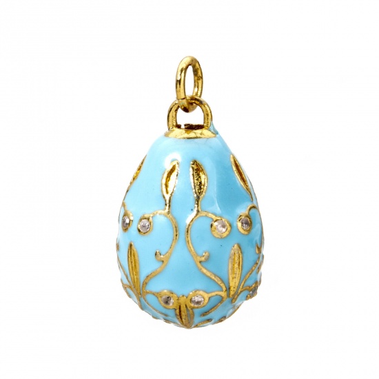 Picture of 1 Piece Brass Easter Day Charms 18K Gold Plated Blue Egg Flower Vine Enamel Clear Cubic Zirconia 28mm x 15.5mm