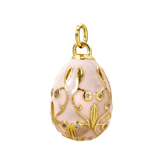 Picture of 1 Piece Brass Easter Day Charms 18K Gold Plated Pink Egg Flower Vine Enamel Clear Cubic Zirconia 28mm x 15.5mm