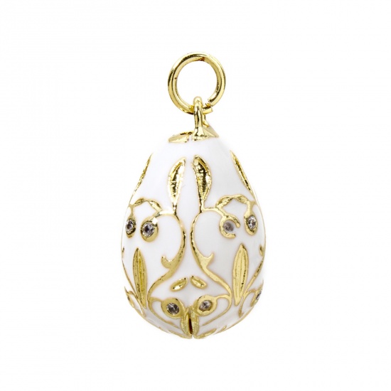 Picture of 1 Piece Brass Easter Day Charms 18K Gold Plated White Egg Flower Vine Enamel Clear Cubic Zirconia 28mm x 15.5mm