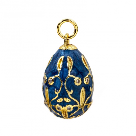 Picture of 1 Piece Brass Easter Day Charms 18K Gold Plated Dark Blue Egg Flower Vine Enamel Clear Cubic Zirconia 28mm x 15.5mm