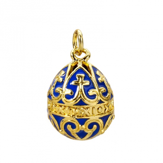 Picture of 1 Piece Brass Easter Day Charms 18K Gold Plated Blue Egg Carved Pattern Enamel 26mm x 15.5mm