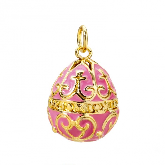 Picture of 1 Piece Brass Easter Day Charms 18K Gold Plated Pink Egg Carved Pattern Enamel 26mm x 15.5mm