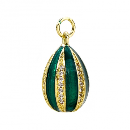 Picture of 1 Piece Brass Easter Day Charms 18K Gold Plated Green Egg Stripe Enamel Clear Cubic Zirconia 22mm x 10mm