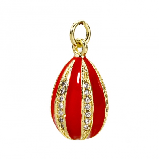 Picture of 1 Piece Brass Easter Day Charms 18K Gold Plated Red Egg Stripe Enamel Clear Cubic Zirconia 22mm x 10mm