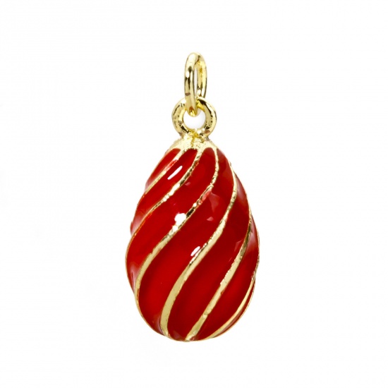 Изображение 1 Piece Brass Easter Day Charms 18K Gold Plated Red Egg Spiral Enamel 22mm x 11mm