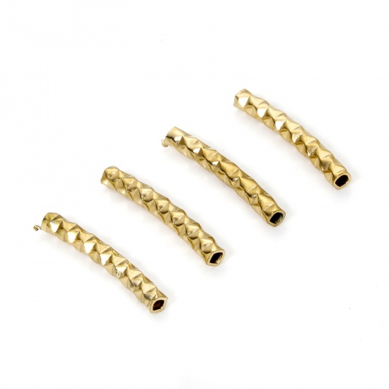 Picture of 10 PCs Eco-friendly 304 Stainless Steel Beads For DIY Jewelry Making 18K Gold Plated Curved Tube Texture 15mm x 2mm, Hole: Approx 1mm