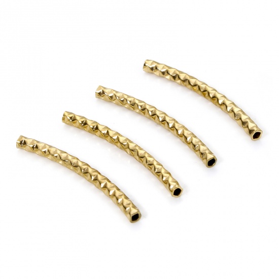 Picture of 10 PCs Eco-friendly 304 Stainless Steel Beads For DIY Jewelry Making 18K Gold Plated Curved Tube Texture 25mm x 2mm, Hole: Approx 1mm