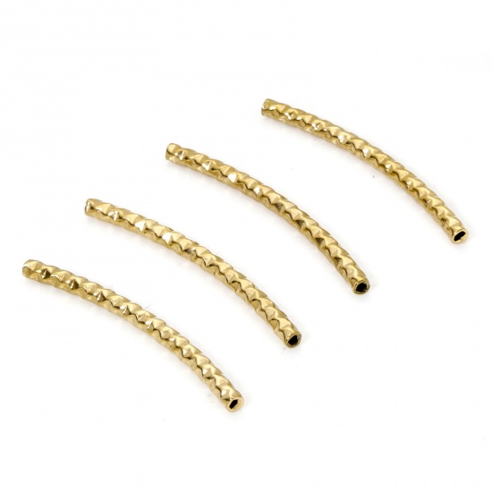 Picture of 10 PCs Eco-friendly 304 Stainless Steel Beads For DIY Jewelry Making 18K Gold Plated Curved Tube Texture 31mm x 2mm, Hole: Approx 1mm
