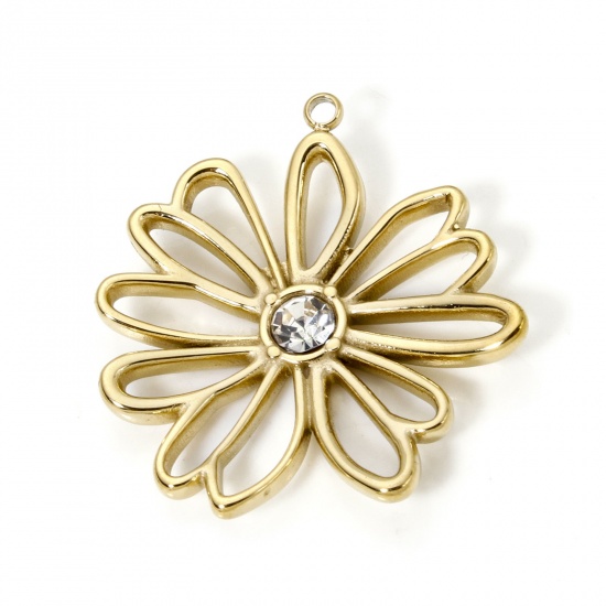 Image de 1 Pièce Breloques en 304 Acier Inoxydable Revêtement sous Vide PVD Respectueux de l'Environnement Collection Végétale Fleur Plaqué Or Véritable 14K à Strass Transparent 28mm x 26mm