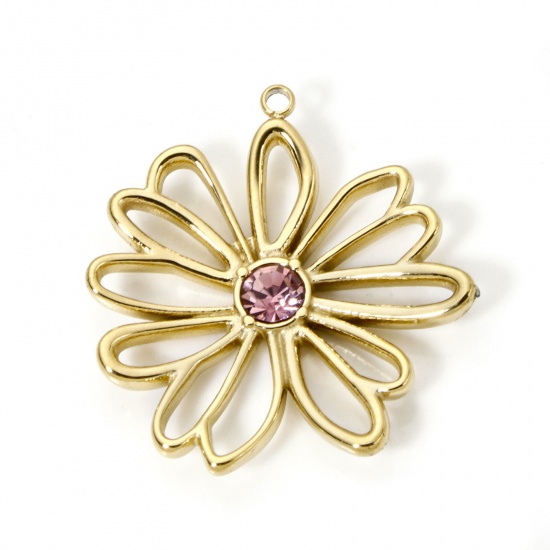 Image de 1 Pièce Breloques en 304 Acier Inoxydable Revêtement sous Vide PVD Respectueux de l'Environnement Collection Végétale Fleur Plaqué Or Véritable 14K à Strass Rose 28mm x 26mm
