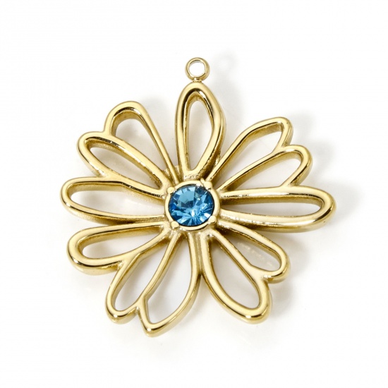 Image de 1 Pièce Breloques en 304 Acier Inoxydable Revêtement sous Vide PVD Respectueux de l'Environnement Collection Végétale Fleur Plaqué Or Véritable 14K à Strass Bleu 28mm x 26mm