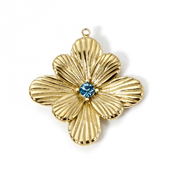 Imagen de 1 Unidad Recubrimiento al Vacío PVD Ecológico 304 Acero Inoxidable Colección Flora Colgantes Diamond 14K Oro Real Chapado Flor 3D Azul Rhinestone 26mm x 24mm