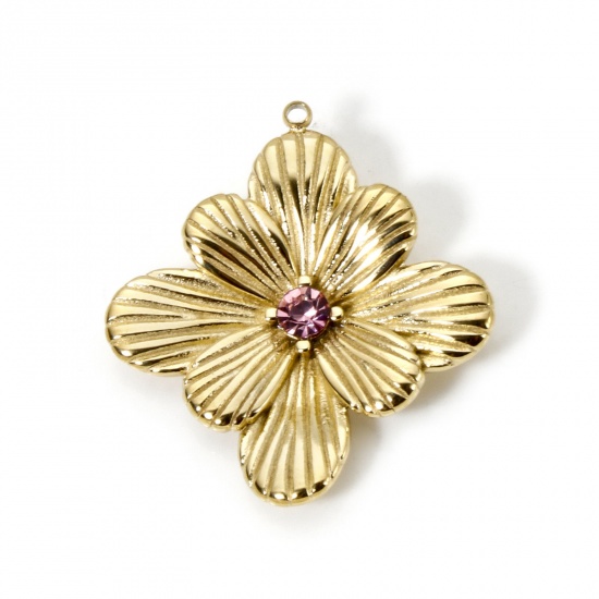 Imagen de 1 Unidad Recubrimiento al Vacío PVD Ecológico 304 Acero Inoxidable Colección Flora Colgantes Diamond 14K Oro Real Chapado Flor 3D Rosa Rhinestone 26mm x 24mm