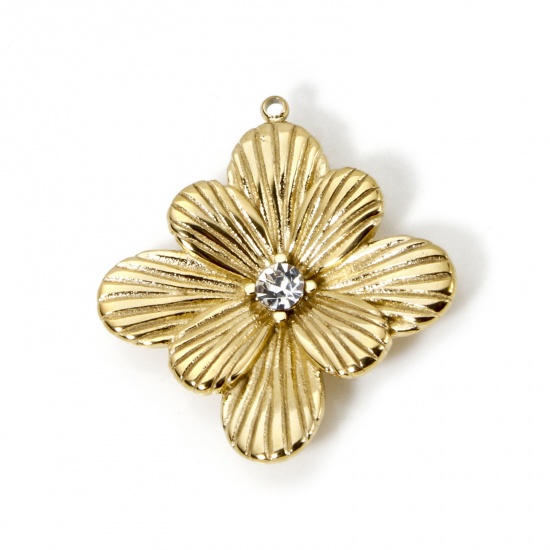 Imagen de 1 Unidad Recubrimiento al Vacío PVD Ecológico 304 Acero Inoxidable Colección Flora Colgantes Diamond 14K Oro Real Chapado Flor 3D Transparente Rhinestone 26mm x 24mm