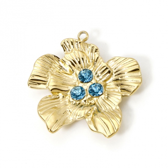 Immagine di 1 Pz Placcatura Sottovuoto PVD Ecologica 304 Acciaio Inossidabile Collezione Flora Ciondoli Fiore 14K Vero Oro Placcato Blu Strass 24mm x 24mm