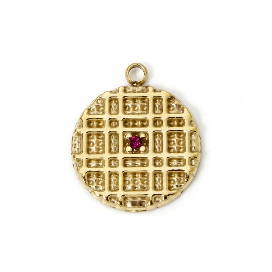 Picture of 1 Piece Eco-friendly PVD Vacuum Plating 304 Stainless Steel Charms 14K Real Gold Plated Biscuit Fuchsia Rhinestone 19mm x 16mm