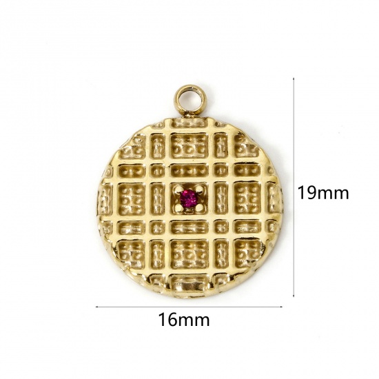 Picture of 1 Piece Eco-friendly PVD Vacuum Plating 304 Stainless Steel Charms 14K Real Gold Plated Biscuit Fuchsia Rhinestone 19mm x 16mm