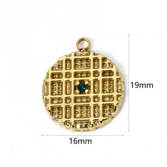 Picture of 1 Piece Eco-friendly PVD Vacuum Plating 304 Stainless Steel Charms 14K Real Gold Plated Biscuit Green Rhinestone 19mm x 16mm