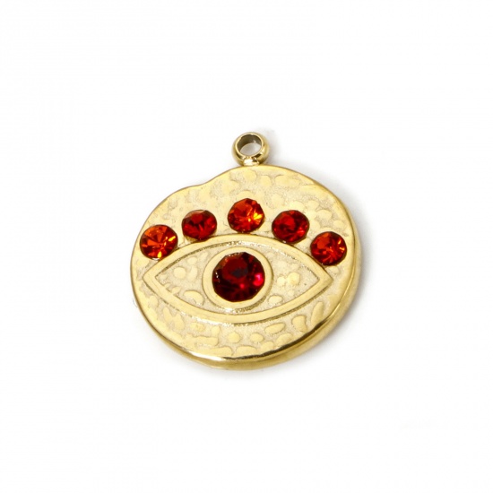 Picture of 1 Piece Eco-friendly PVD Vacuum Plating 304 Stainless Steel Religious Charms 14K Real Gold Plated Round Eye Red Rhinestone 16mm x 14mm