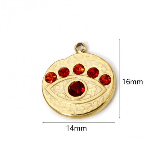 Picture of 1 Piece Eco-friendly PVD Vacuum Plating 304 Stainless Steel Religious Charms 14K Real Gold Plated Round Eye Red Rhinestone 16mm x 14mm