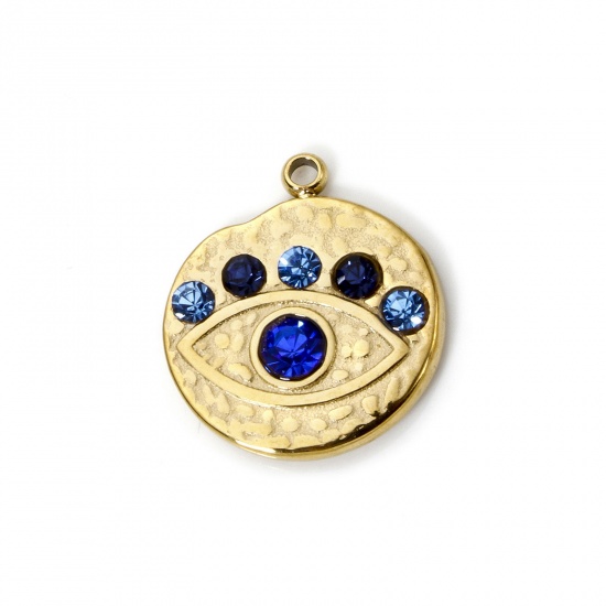 Picture of 1 Piece Eco-friendly PVD Vacuum Plating 304 Stainless Steel Religious Charms 14K Real Gold Plated Round Eye Blue Rhinestone 16mm x 14mm