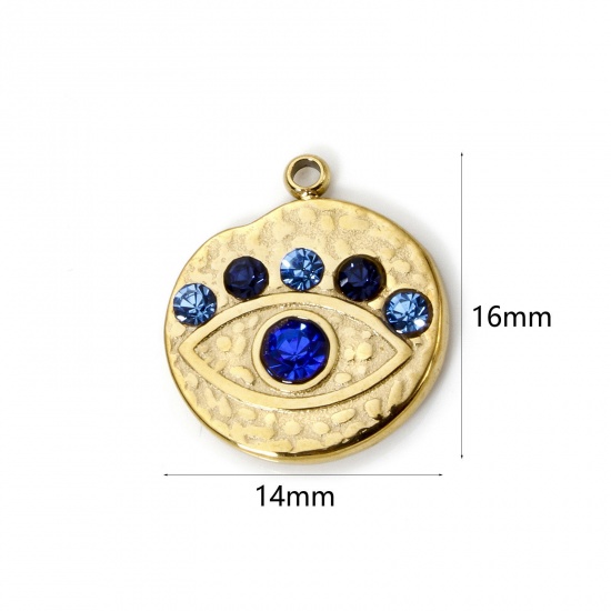 Picture of 1 Piece Eco-friendly PVD Vacuum Plating 304 Stainless Steel Religious Charms 14K Real Gold Plated Round Eye Blue Rhinestone 16mm x 14mm