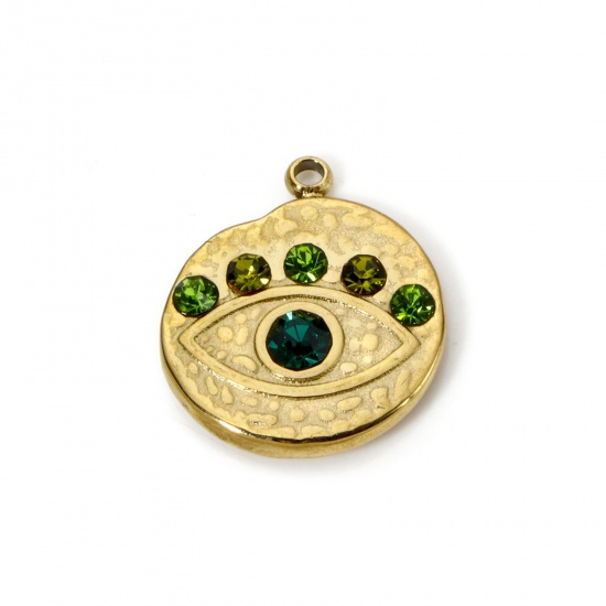 Picture of 1 Piece Eco-friendly PVD Vacuum Plating 304 Stainless Steel Religious Charms 14K Real Gold Plated Round Eye Green Rhinestone 16mm x 14mm