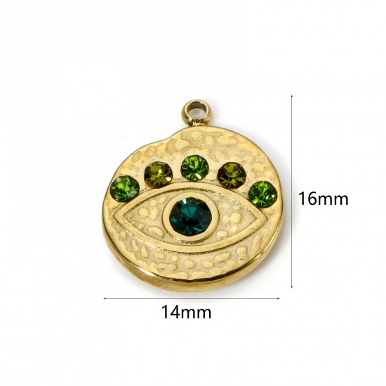 Picture of 1 Piece Eco-friendly PVD Vacuum Plating 304 Stainless Steel Religious Charms 14K Real Gold Plated Round Eye Green Rhinestone 16mm x 14mm