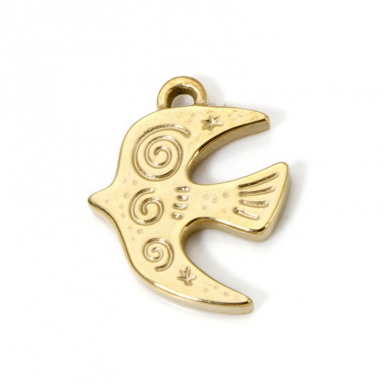 Picture of 2 PCs Eco-friendly PVD Vacuum Plating 304 Stainless Steel Charms 14K Real Gold Plated Swallow Bird Spiral 21mm x 16mm