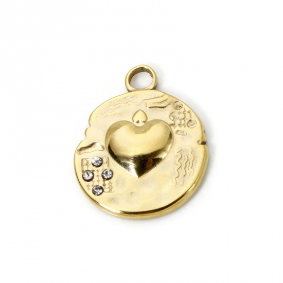 Bild von 1 Stück Umweltfreundliche PVD-Vakuumbeschichtung 304 Edelstahl Valentinstag Charms Rund 14K Echtgold plattiert Herz 20mm x 16mm