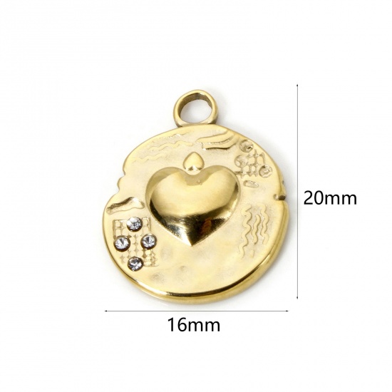 Bild von 1 Stück Umweltfreundliche PVD-Vakuumbeschichtung 304 Edelstahl Valentinstag Charms Rund 14K Echtgold plattiert Herz 20mm x 16mm
