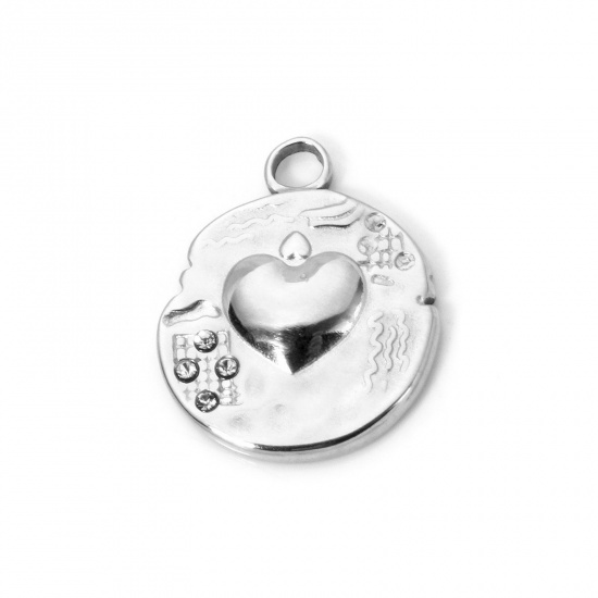 Bild von 1 Stück Umweltfreundliche PVD-Vakuumbeschichtung 304 Edelstahl Valentinstag Charms Rund Silberfarbe Herz 20mm x 16mm