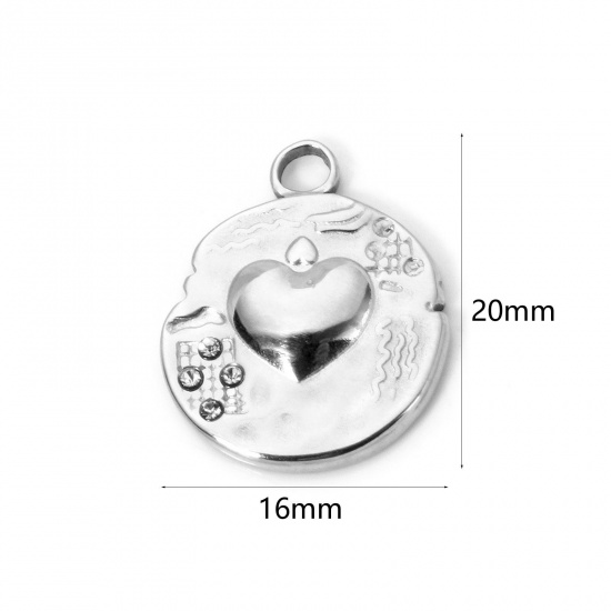 Bild von 1 Stück Umweltfreundliche PVD-Vakuumbeschichtung 304 Edelstahl Valentinstag Charms Rund Silberfarbe Herz 20mm x 16mm
