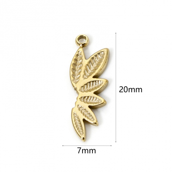 Picture of 2 PCs Eco-friendly PVD Vacuum Plating 304 Stainless Steel Flora Collection Charms 18K Real Gold Plated Leaf 20mm x 7mm