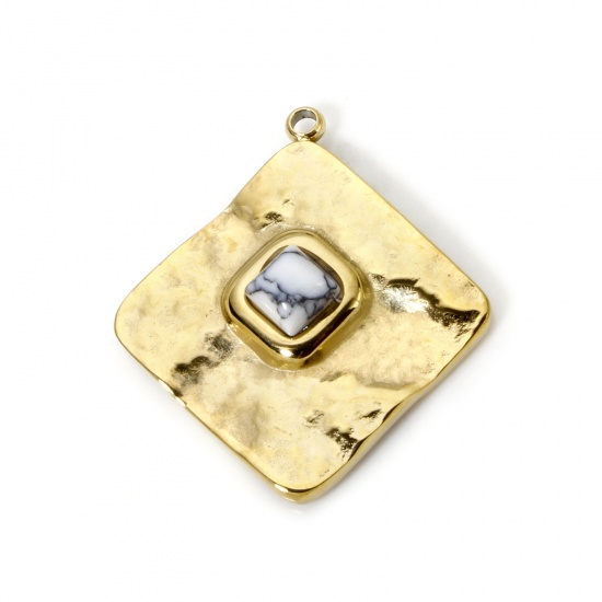 Imagen de 1 Unidad Recubrimiento al Vacío PVD Ecológico 304 Acero Inoxidable Colgantes Diamond 14K Oro Real Chapado Blanco Con Cabochons de piedras preciosas sintéticas 24.5mm x 22mm
