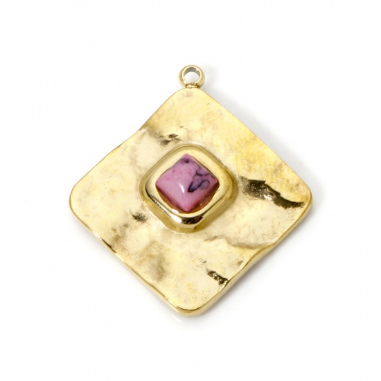 Imagen de 1 Unidad Recubrimiento al Vacío PVD Ecológico 304 Acero Inoxidable Colgantes Diamond 14K Oro Real Chapado Rosado Con Cabochons de piedras preciosas sintéticas 24.5mm x 22mm