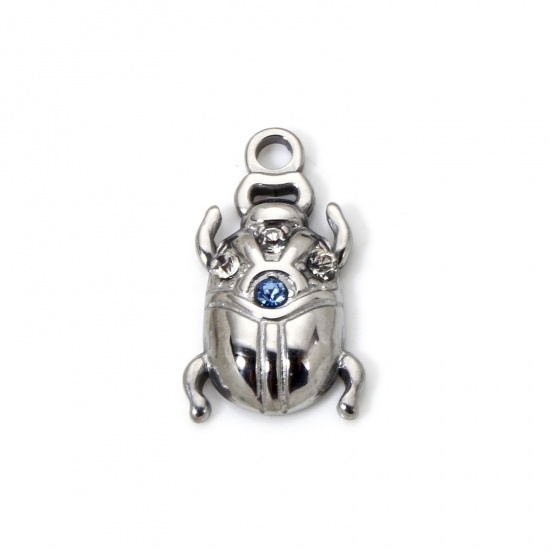 Picture of 1 Piece Eco-friendly PVD Vacuum Plating 304 Stainless Steel Insect Charms Silver Tone Ladybug Animal Blue Rhinestone 17mm x 10mm