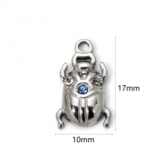 Picture of 1 Piece Eco-friendly PVD Vacuum Plating 304 Stainless Steel Insect Charms Silver Tone Ladybug Animal Blue Rhinestone 17mm x 10mm