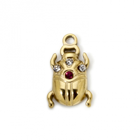 Picture of 1 Piece Eco-friendly PVD Vacuum Plating 304 Stainless Steel Insect Charms 14K Real Gold Plated Ladybug Animal Fuchsia Rhinestone 17mm x 10mm