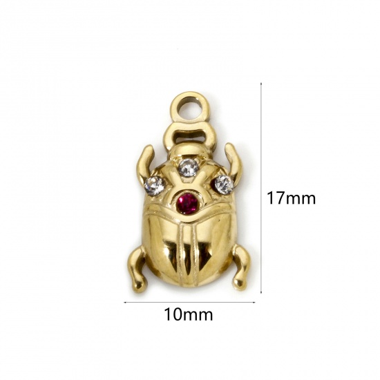 Picture of 1 Piece Eco-friendly PVD Vacuum Plating 304 Stainless Steel Insect Charms 14K Real Gold Plated Ladybug Animal Fuchsia Rhinestone 17mm x 10mm