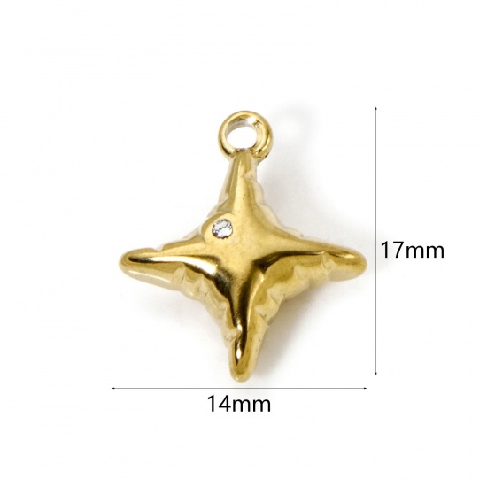 Picture of 2 PCs Eco-friendly PVD Vacuum Plating 304 Stainless Steel Galaxy Charms 18K Real Gold Plated Star 3D Clear Rhinestone 17mm x 14mm