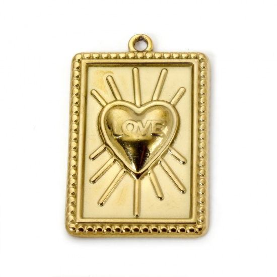 Image de 2 Pcs Breloques en 304 Acier Inoxydable Revêtement sous Vide PVD Respectueux de l'Environnement Religieux Rectangle Plaqué Or Véritable 18K Coeur de Ex-Voto 28mm x 18mm